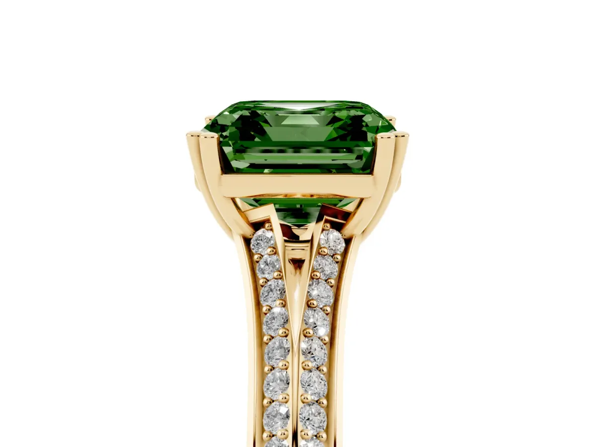 Fancy Green Asscher Cut Diamond Split Shank Engagement Ring with Pavé Band Yellow gold