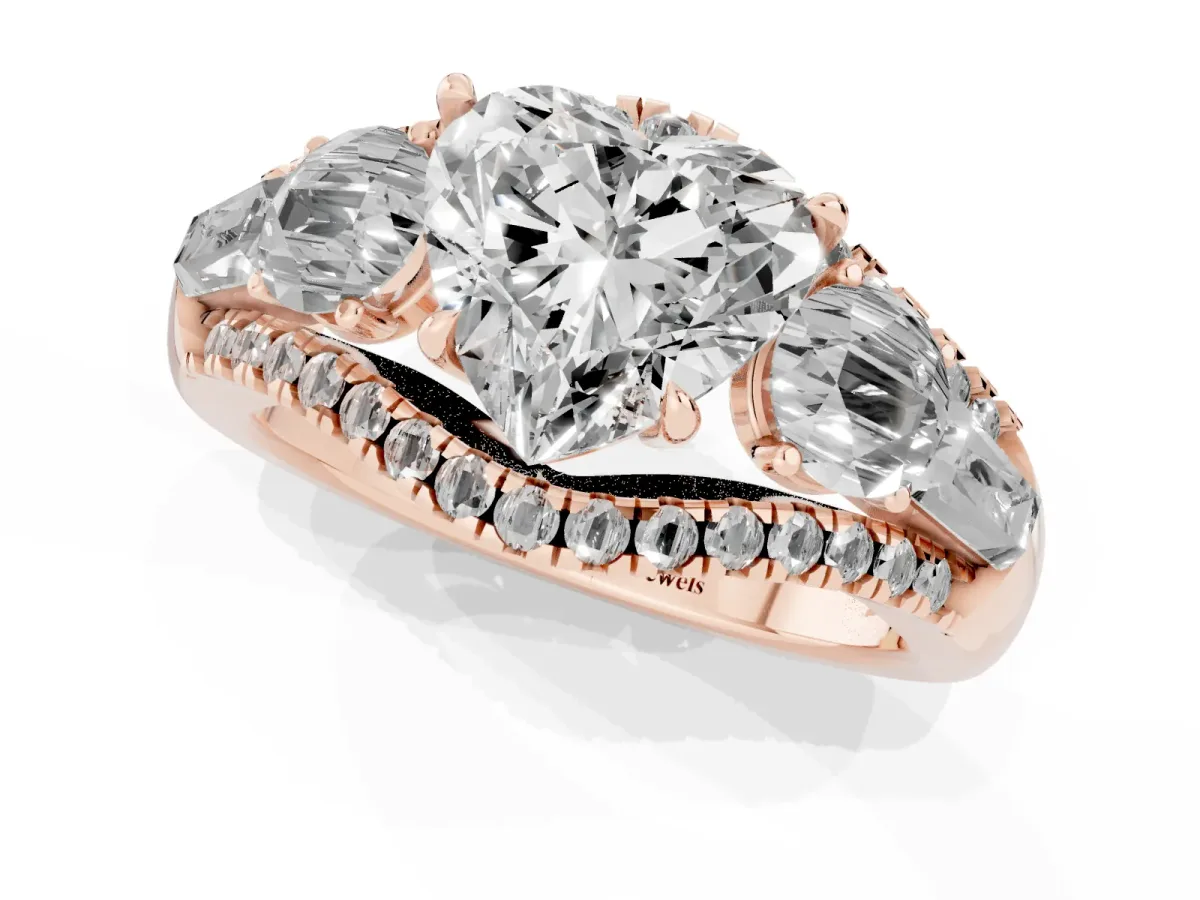 Three-Stone Heart Cut Diamond Engagement Ring with Pave Band and Prong Setting Rose gold