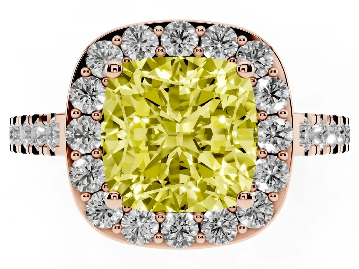 Fancy Yellow Cushion Cut Diamond Halo Ring with Round Pavé Split Shank and Prong Setting Rose gold