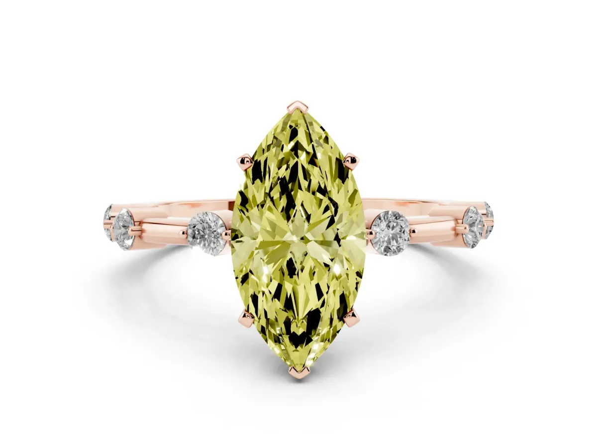 Fancy Yellow Marquise Cut Solitaire Diamond Ring with Bezel Set Side Stones and Prong Setting Rose gold