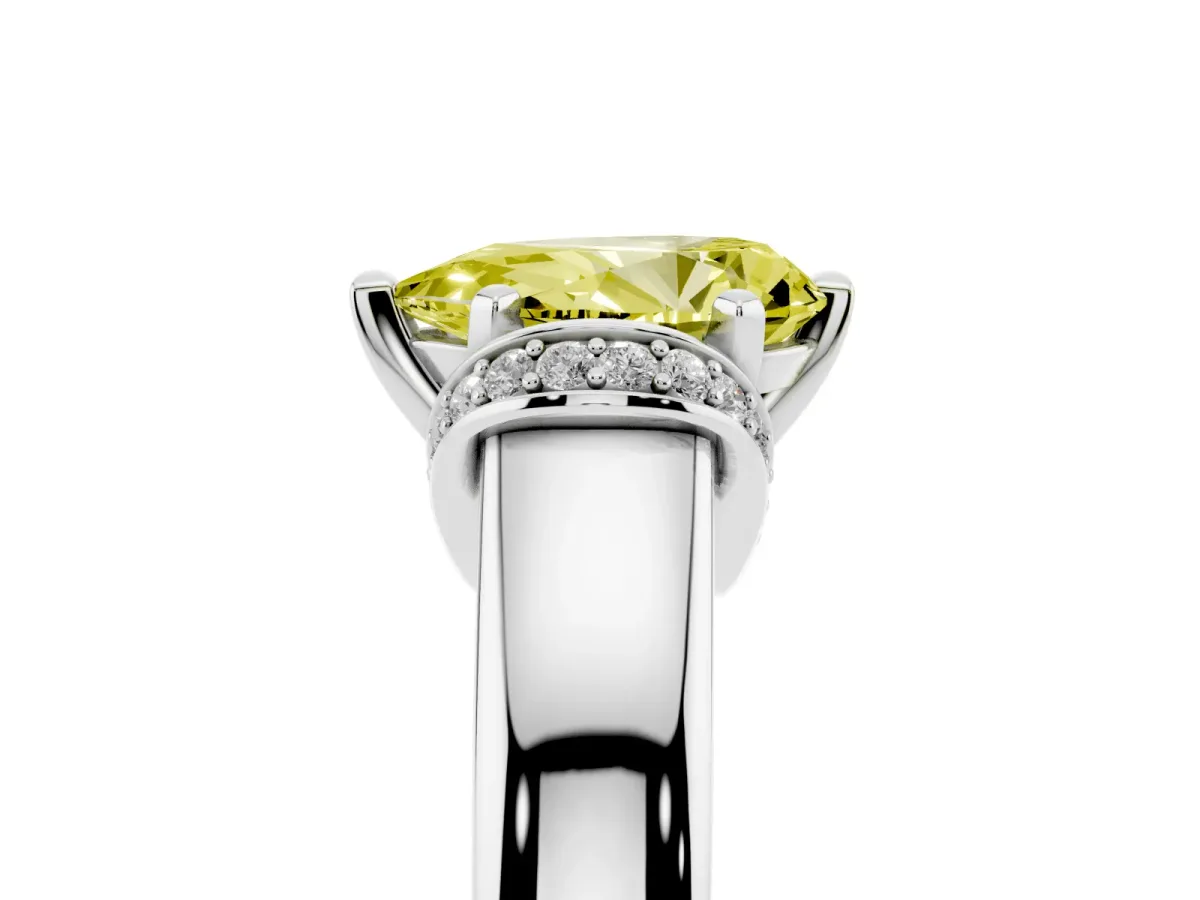 Fancy Yellow Pear Cut Solitaire Diamond Ring with Pave Band and Six-Prong Setting Silver