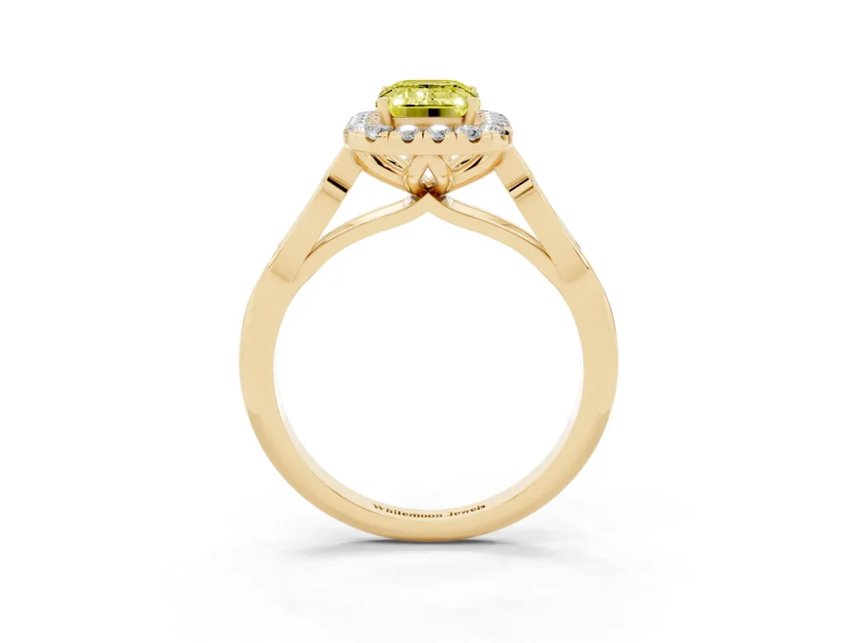 Fancy Yellow Emerald Cut Halo Diamond Engagement Ring with Filigree Band and Four-Prong Setting Yellow gold