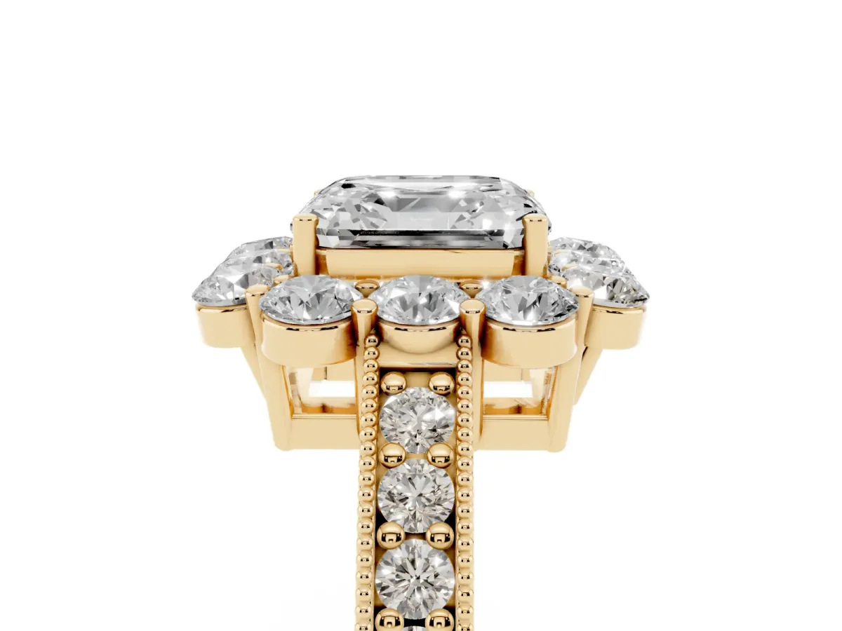 Asscher Cut Cut Halo Diamond Pavé Engagement Ring with Milgrain Detailing Yellow gold