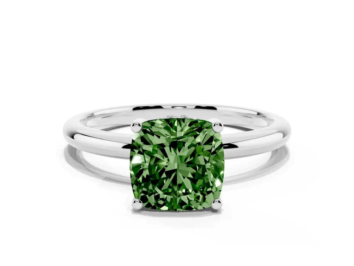 Fancy Green Cushion Cut Cut Solitaire Engagement Ring with Four-Prong Setting and Classic Band Silver