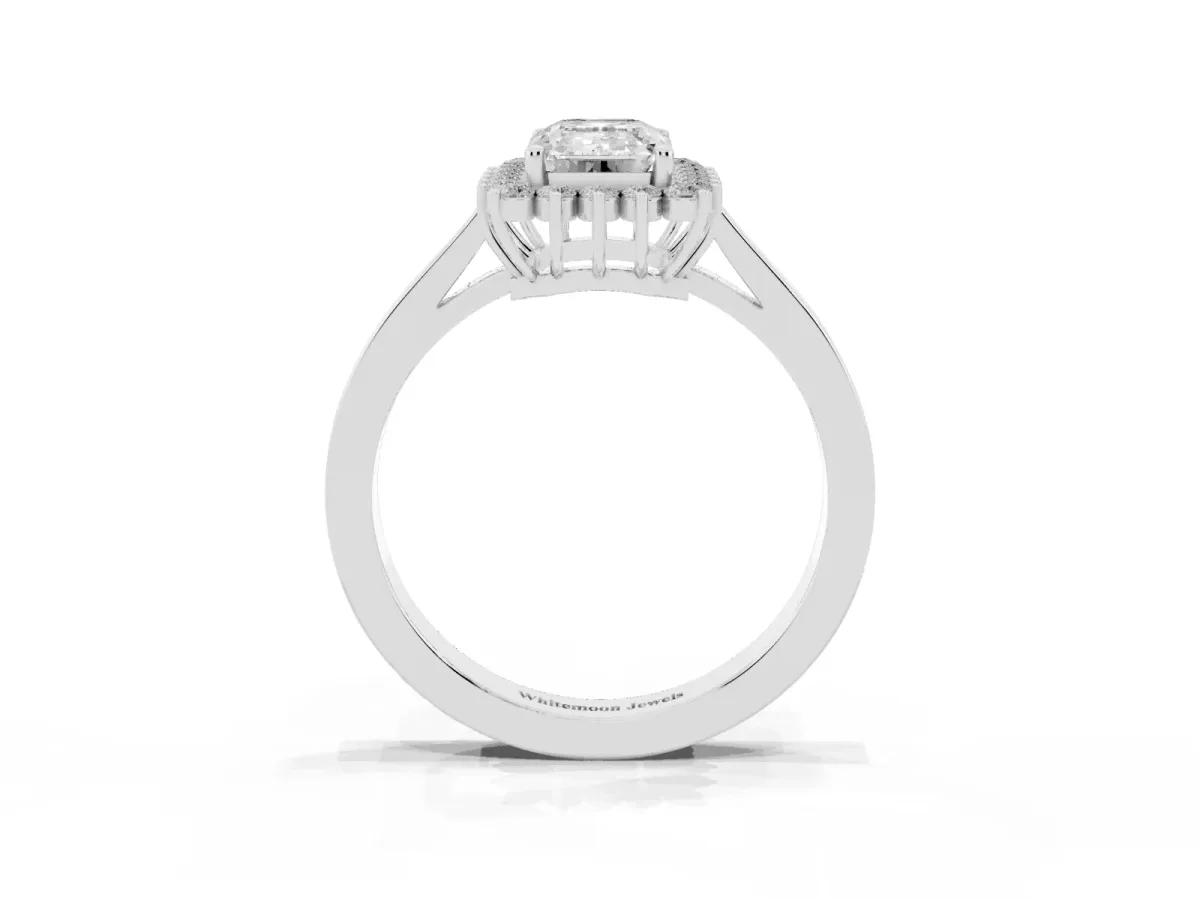 Emerald Cut Cut Diamond Halo Ring with Round Brilliant Halo and Solitaire Band Silver