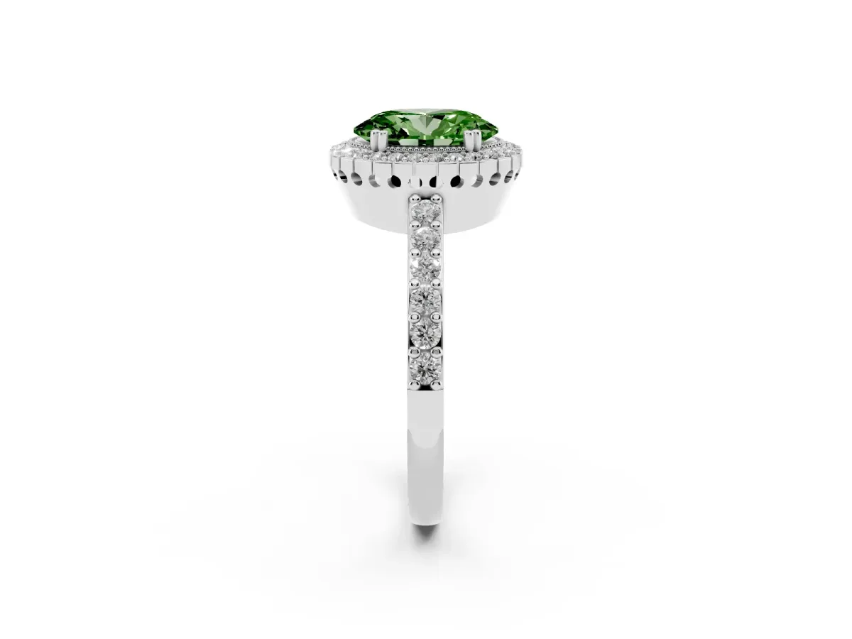 Fancy Green Oval Cut Cut Diamond Halo Engagement Ring with Milgrain Detail and Pavé Band Silver