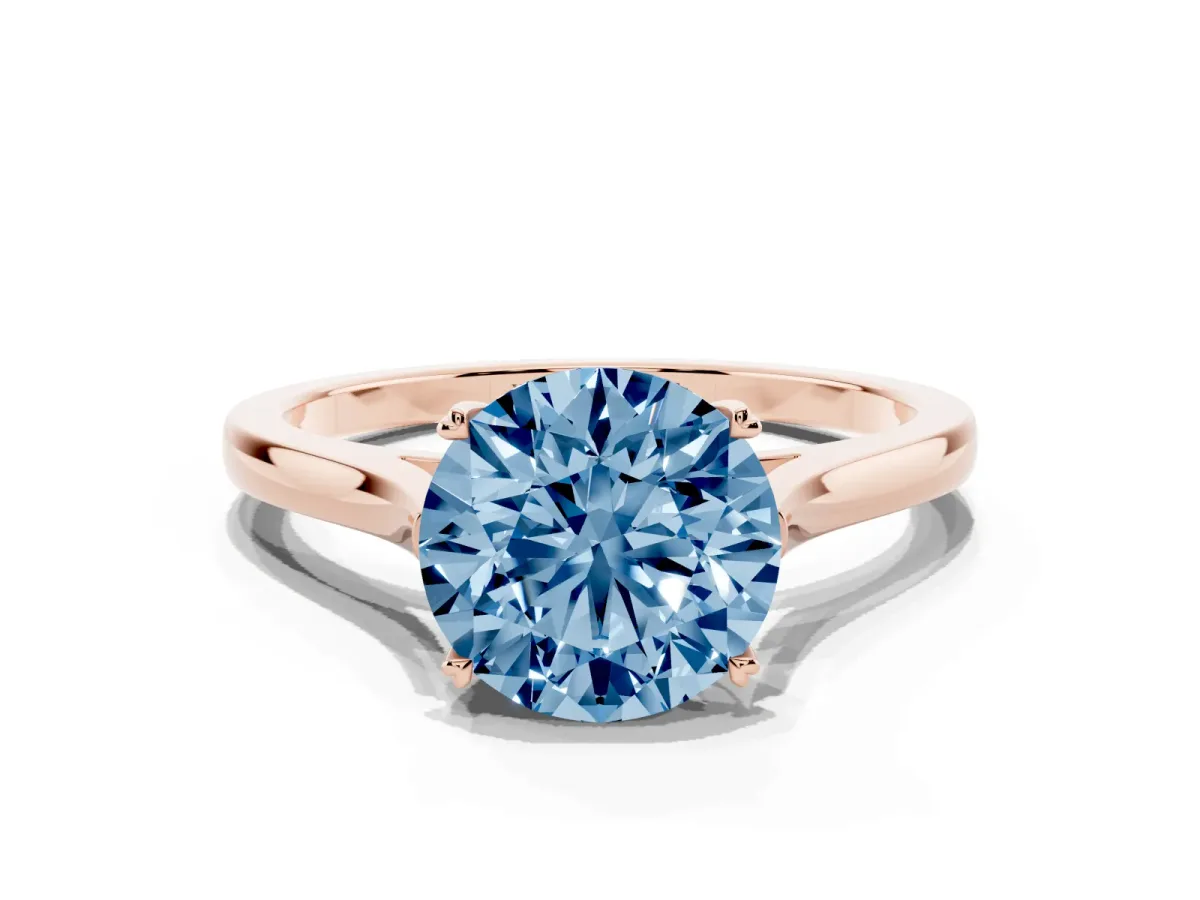 Fancy Blue Round Cut Solitaire Heart Prong Engagement Ring with Tapered Band Rose gold