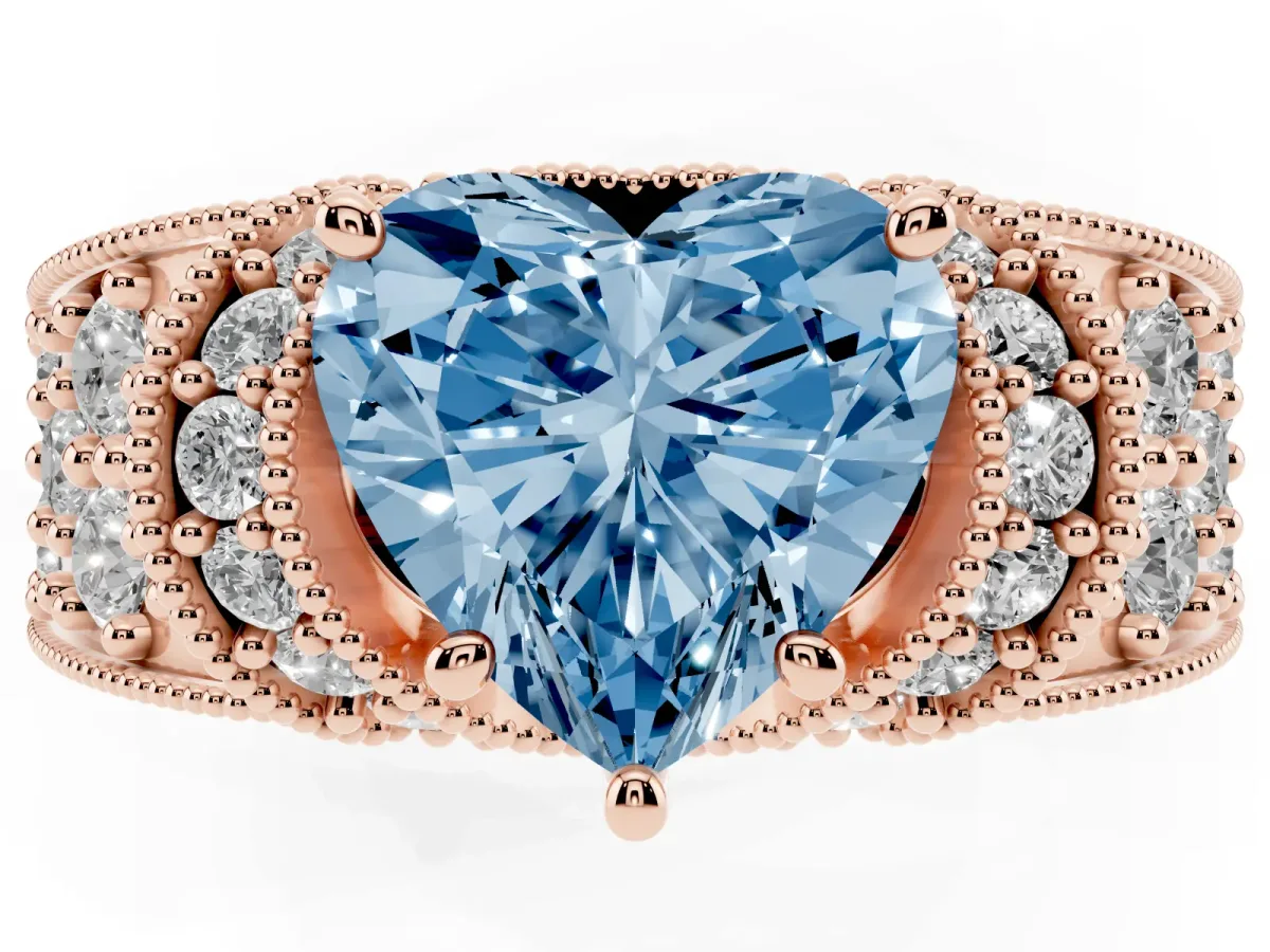 Fancy Blue Heart Cut Halo Pave Diamond Engagement Ring with Milgrain Detailing Rose gold