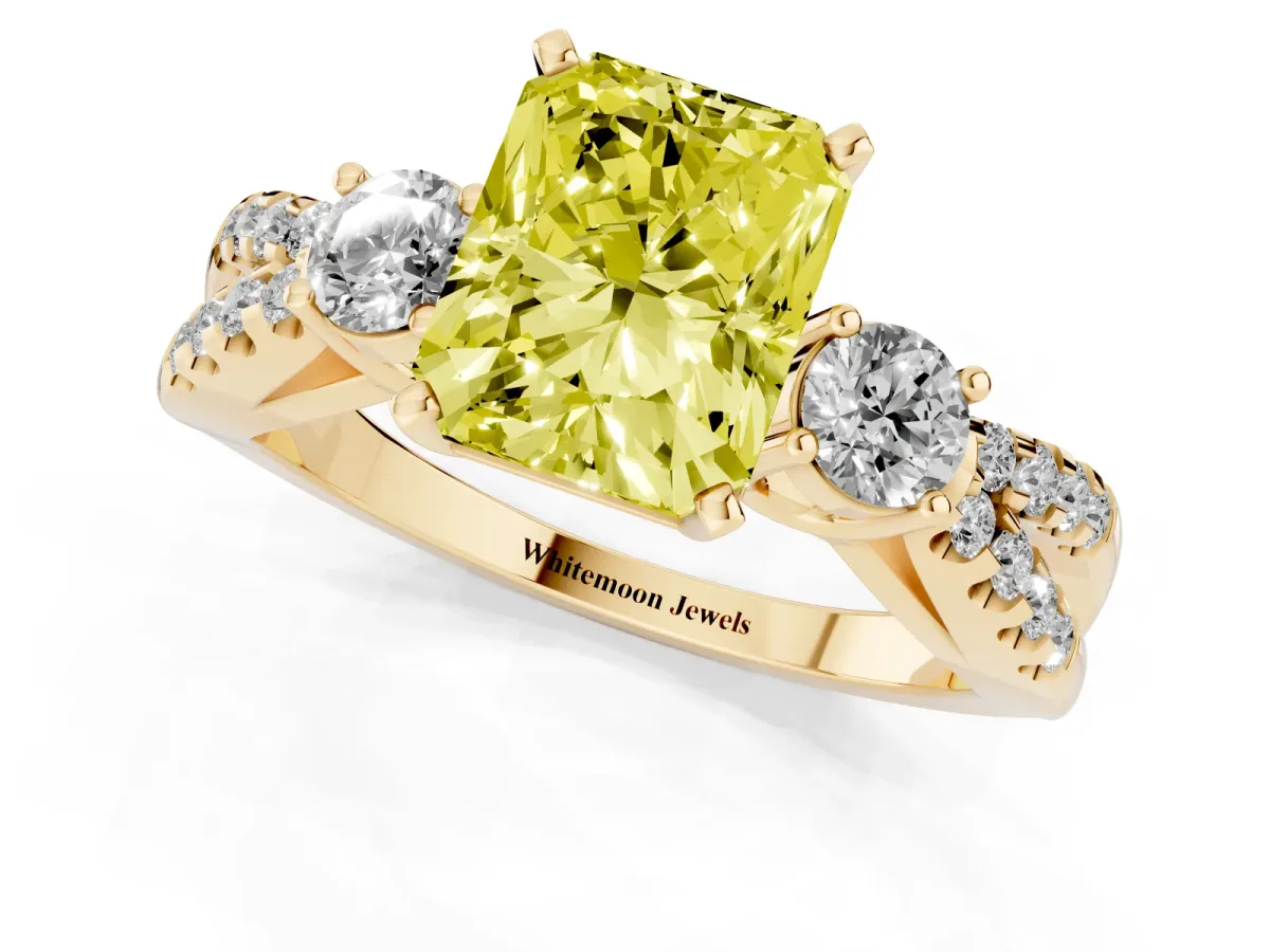 Fancy Yellow Radiant Cut Diamond Three-Stone Ring with Pavé Split Shank and Four-Prong Setting Yellow gold