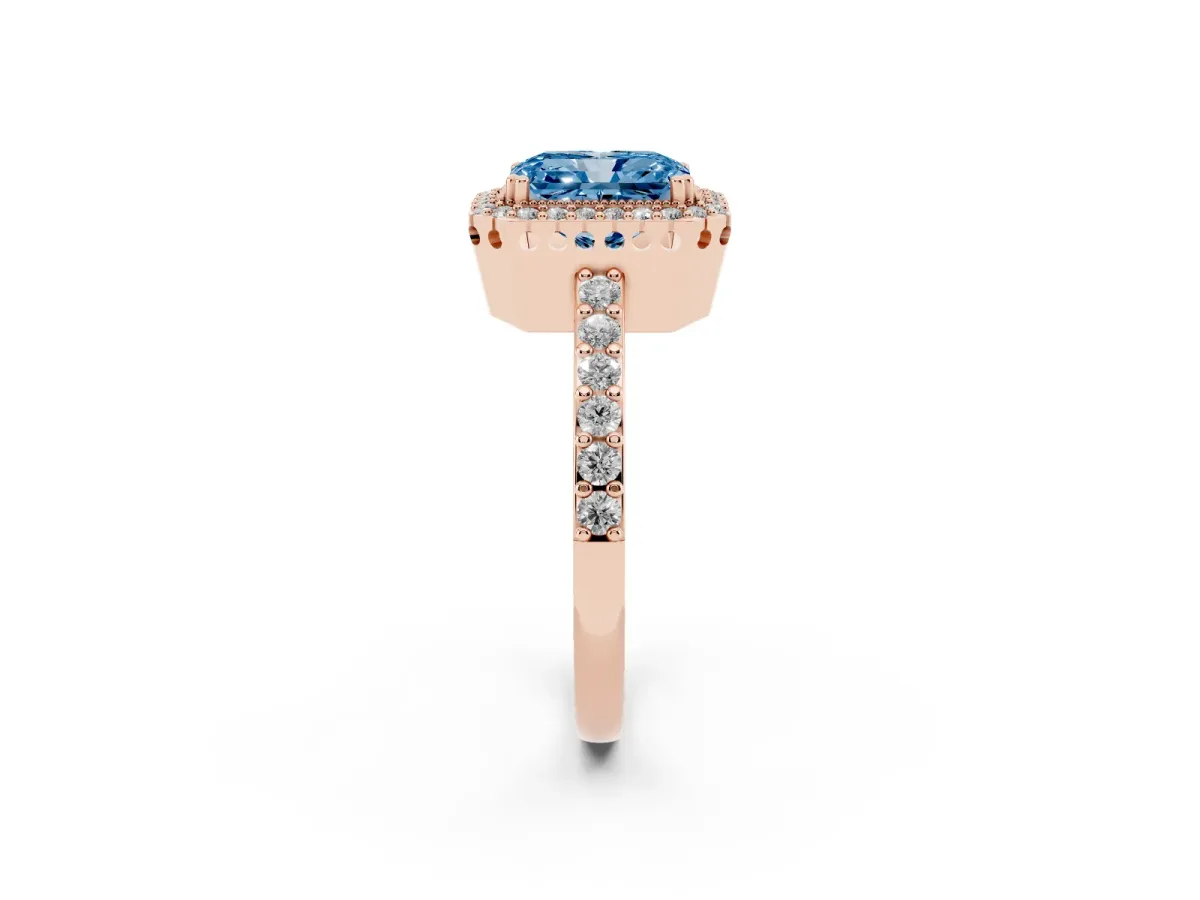 Fancy Blue Radiant Cut Cut Diamond Halo Engagement Ring with Milgrain Detail and Pavé Band Rose gold