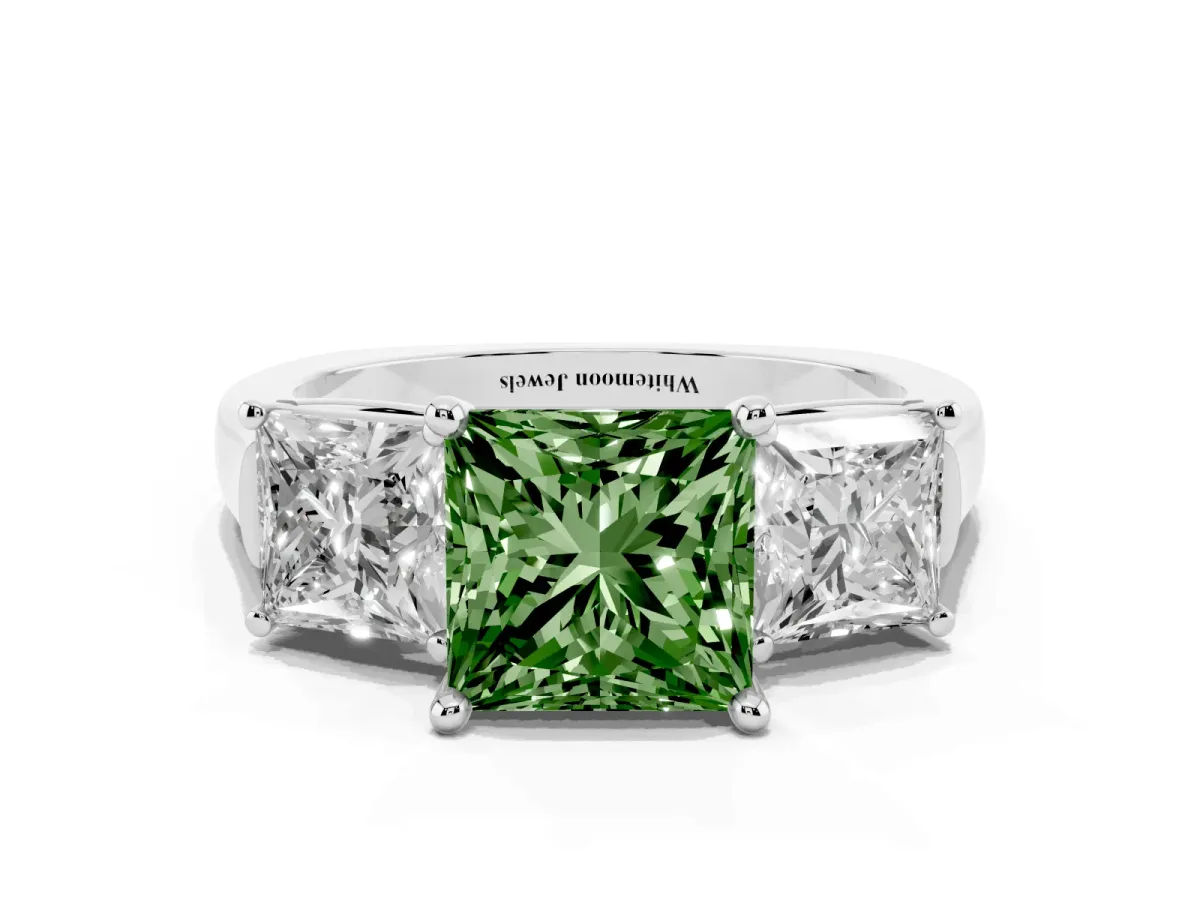 Fancy Green Three-Stone Princess Cut Brilliant Diamond Trellis Ring with Comfort Fit Band White gold