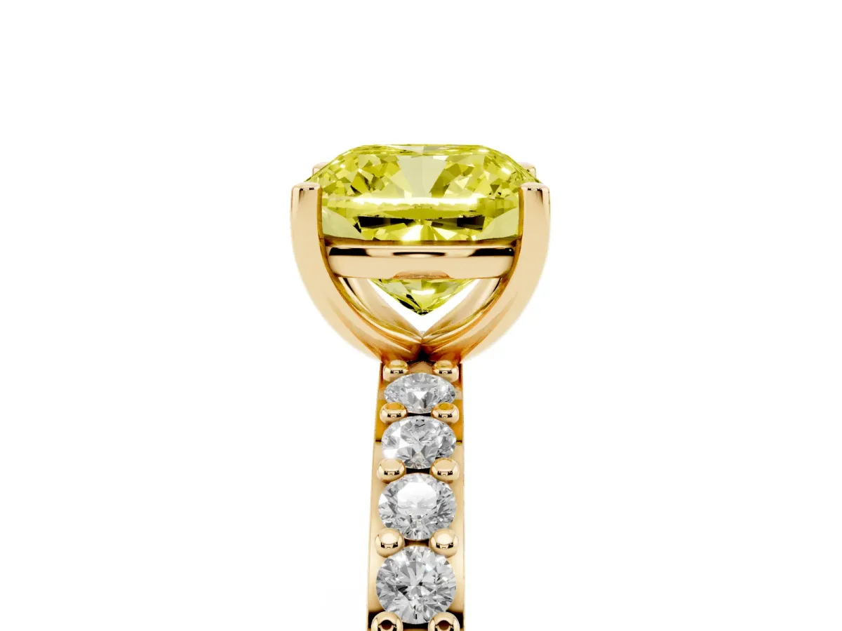 Fancy Yellow Cushion Cut Cut Diamond Solitaire with Pave Band and Four-Prong Setting Yellow gold