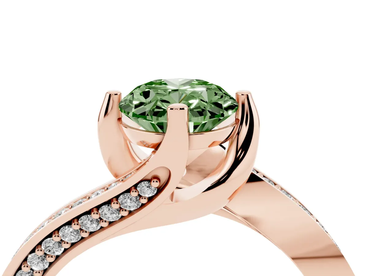 Fancy Green Oval Cut Solitaire Diamond Twist Band with Pavé Setting and Four-Prong Setting Rose gold