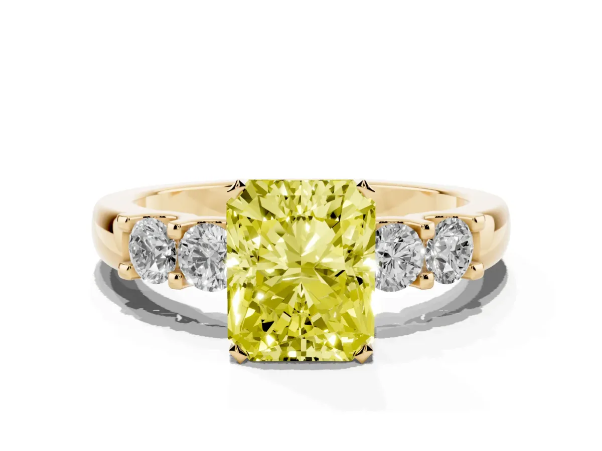 Fancy Yellow Radiant Cut Brilliant Cut Diamond Five-Stone Prong Set Engagement Ring with Channel Band Yellow gold