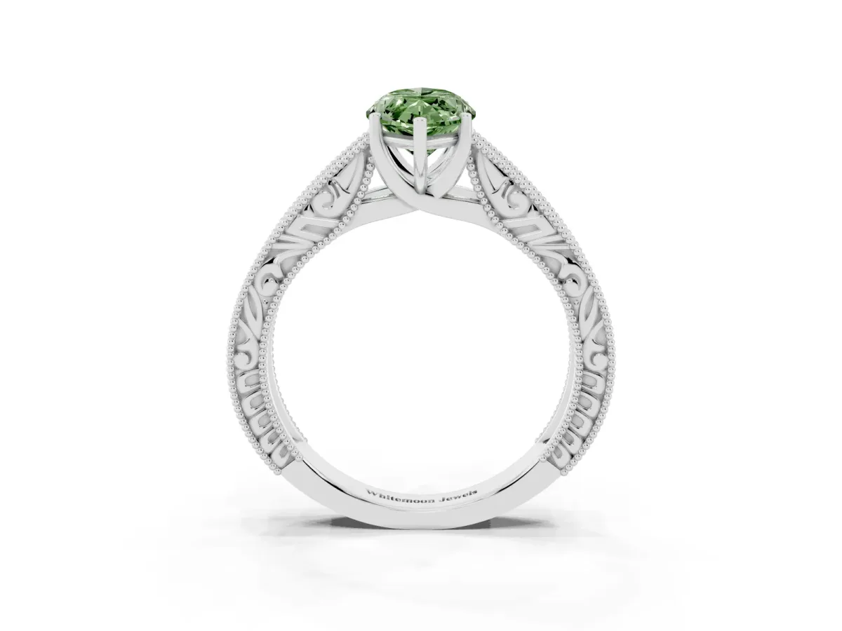 Fancy Green Marquise Cut Diamond Solitaire Ring with Engraved Band and Four-Prong Setting Platinum