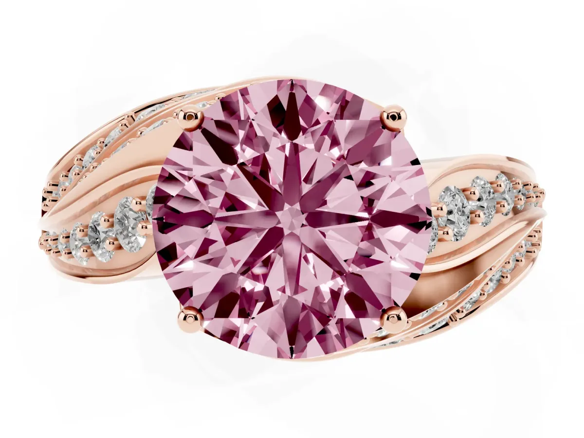 Fancy Pink Round Cut Diamond Solitaire Ring with Prong Setting and Twisted Pavé Band Rose gold
