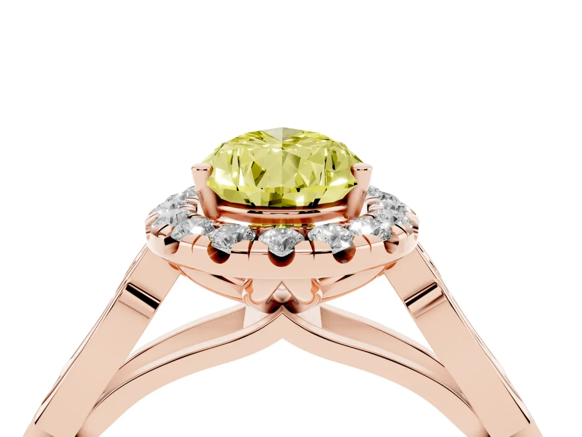 Fancy Yellow Pear Cut Halo Diamond Engagement Ring with Filigree Band and Four-Prong Setting Rose gold