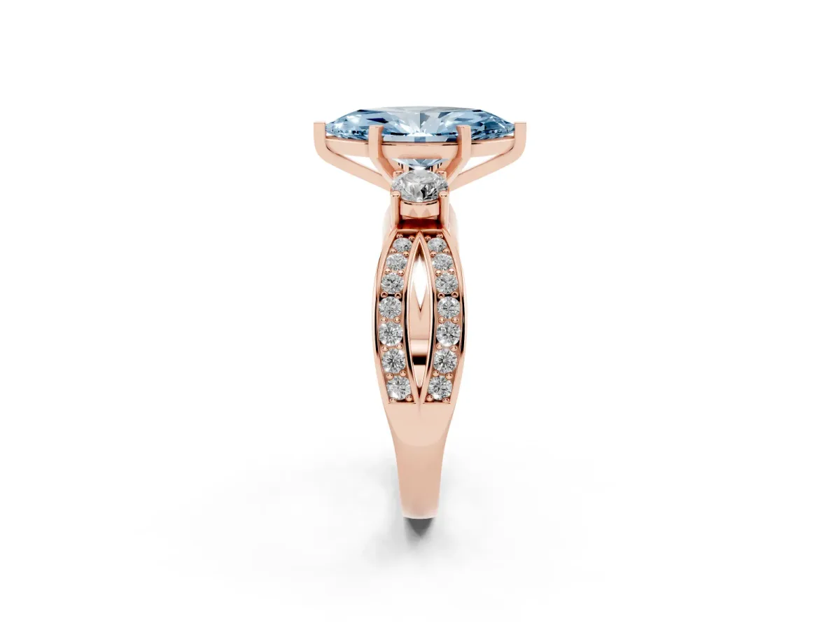 Fancy Blue Three-Stone Marquise Cut Cut Diamond Twist Band with Prong Setting Rose gold