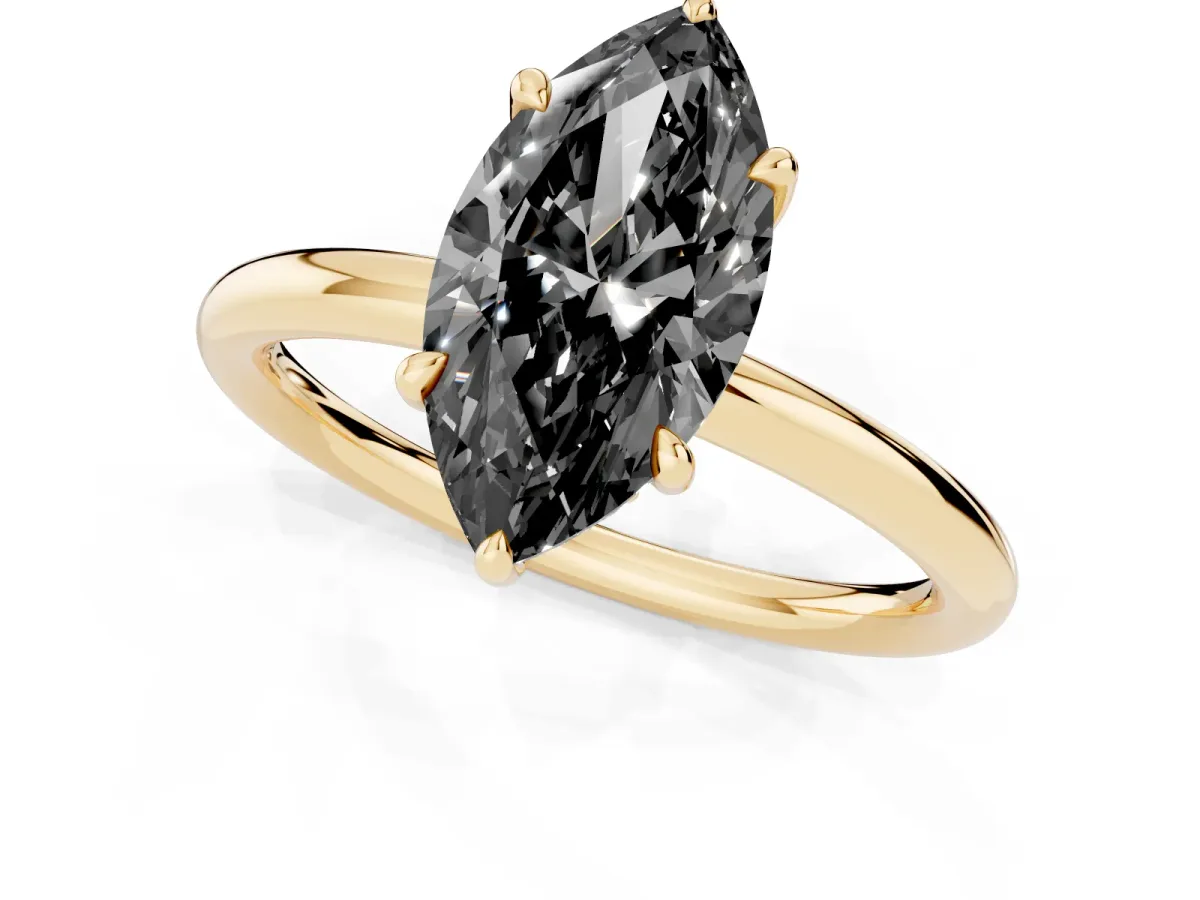 Fancy Black Marquise Cut Diamond Solitaire Ring with Thin Band and Four-Prong Setting Yellow gold