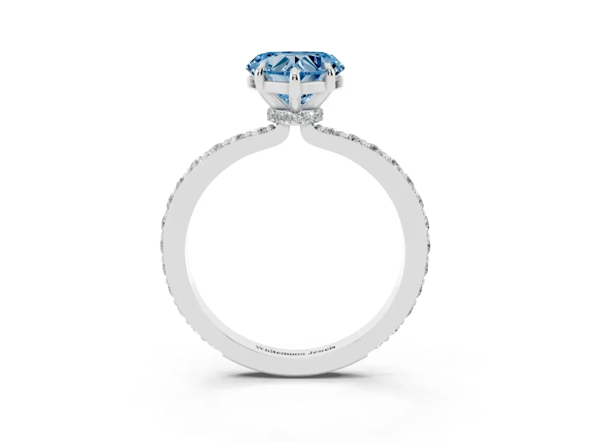 Fancy Blue Heart Cut Diamond Pavé Engagement Ring with Round Accents and Prong Setting Silver