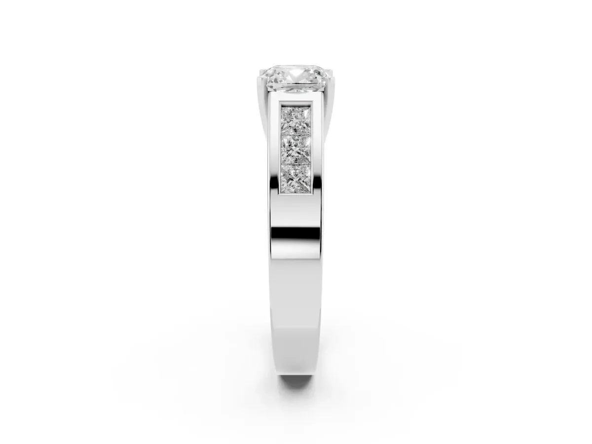 Cushion Cut Cut Channel Set Solitaire Ring with Four-Prong Setting Platinum