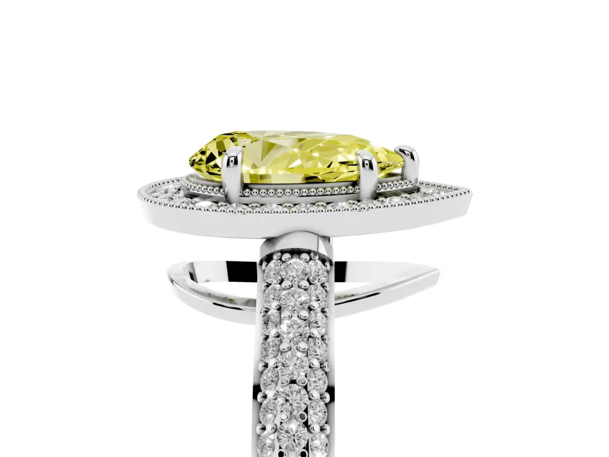 Fancy Yellow Pear Cut Cut Halo Diamond Pave Band with Four-Prong Setting Platinum