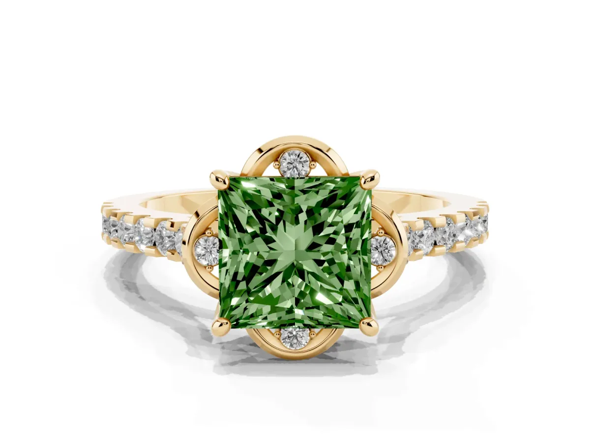 Fancy Green Princess Cut Diamond Ring with Pavé Band and Floral Prong Setting Yellow gold