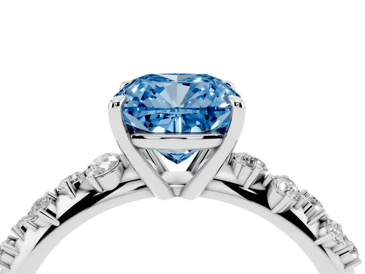 Fancy Blue Cushion Cut Diamond Cluster Side Stone Solitaire Ring with Prong Setting Silver