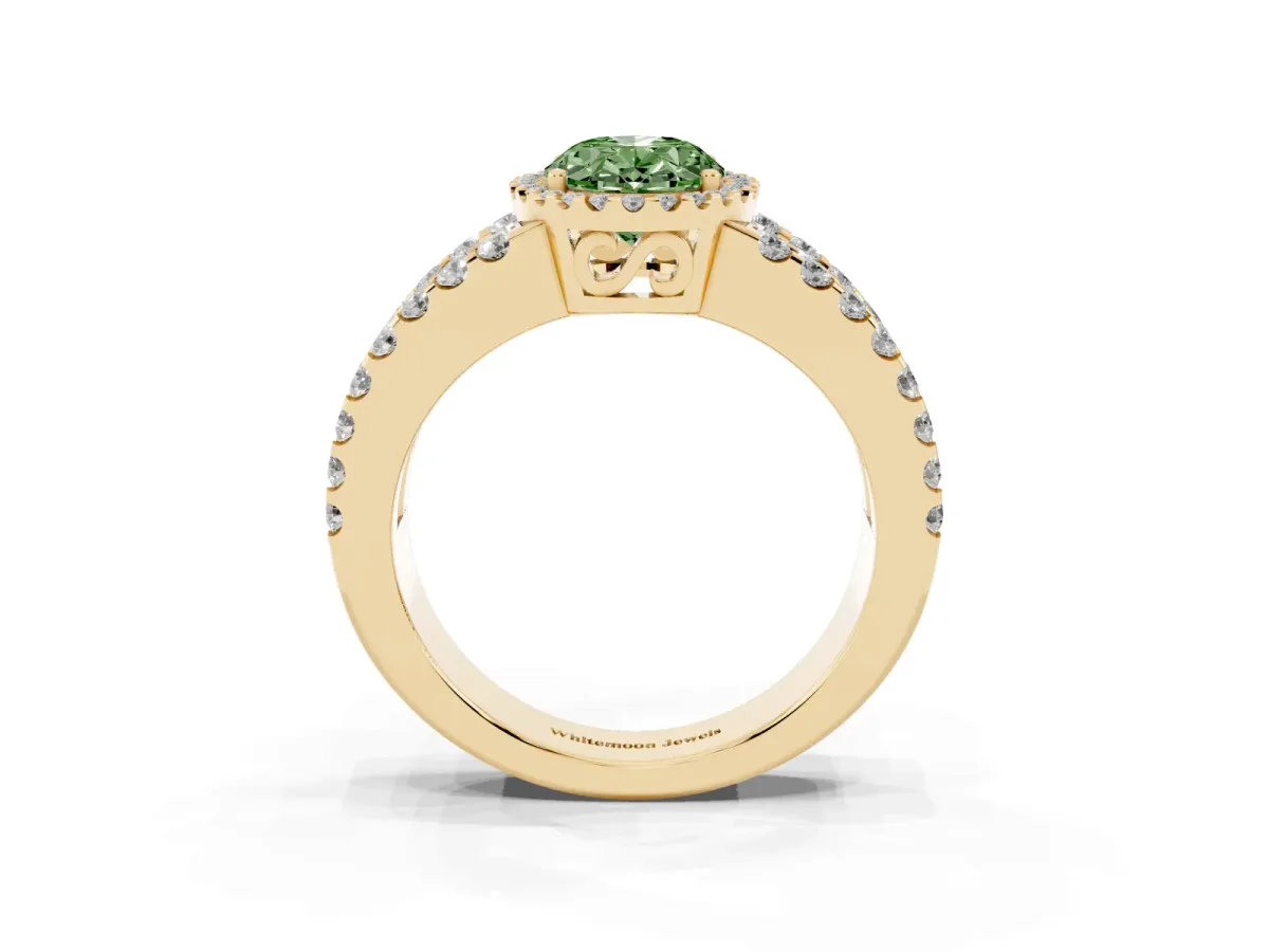 Fancy Green Oval Cut Cut Halo Split Shank Diamond Ring with Four-Prong Setting Yellow gold