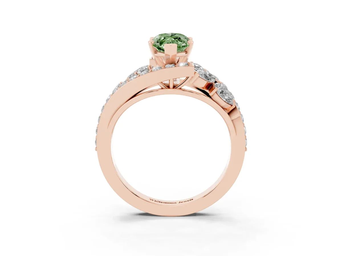 Fancy Green Marquise Cut Diamond Halo Ring with Marquise and Pavé Band in Prong Setting Rose gold