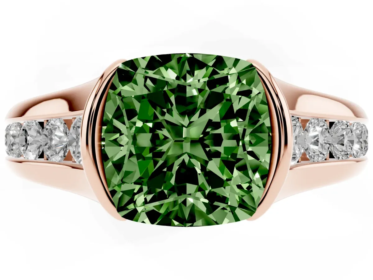 Fancy Green Cushion Cut Solitaire Bezel-Set Diamond Ring with Channel-Set Band Rose gold