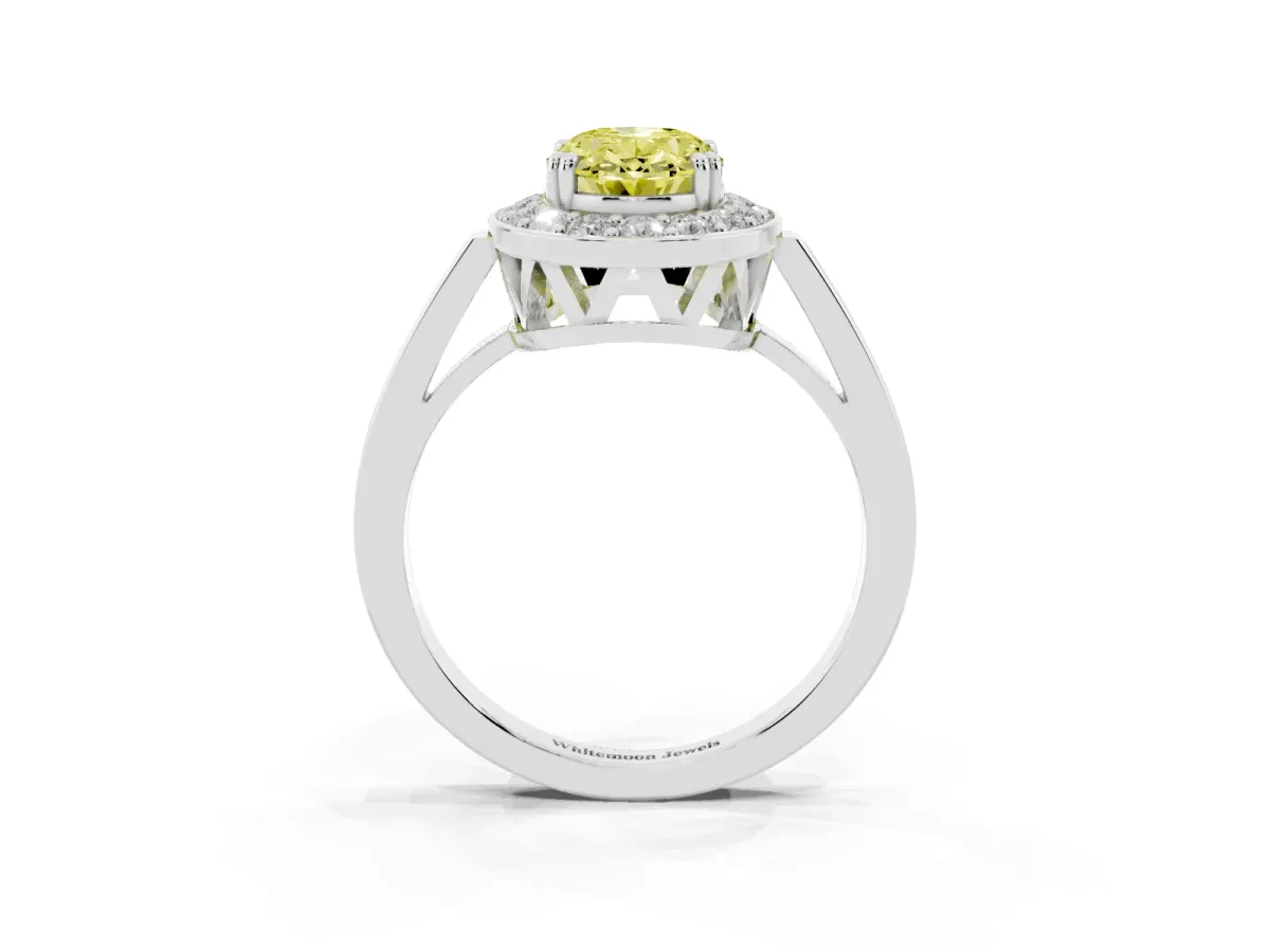 Fancy Yellow Oval Cut Diamond Halo Ring with Split Shank and Four-Prong Setting Silver