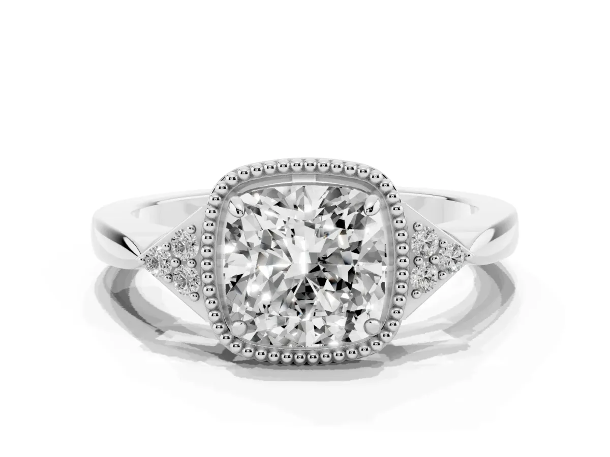 Cushion Cut Diamond Halo Ring with Tapered Band and Four-Prong Setting White gold