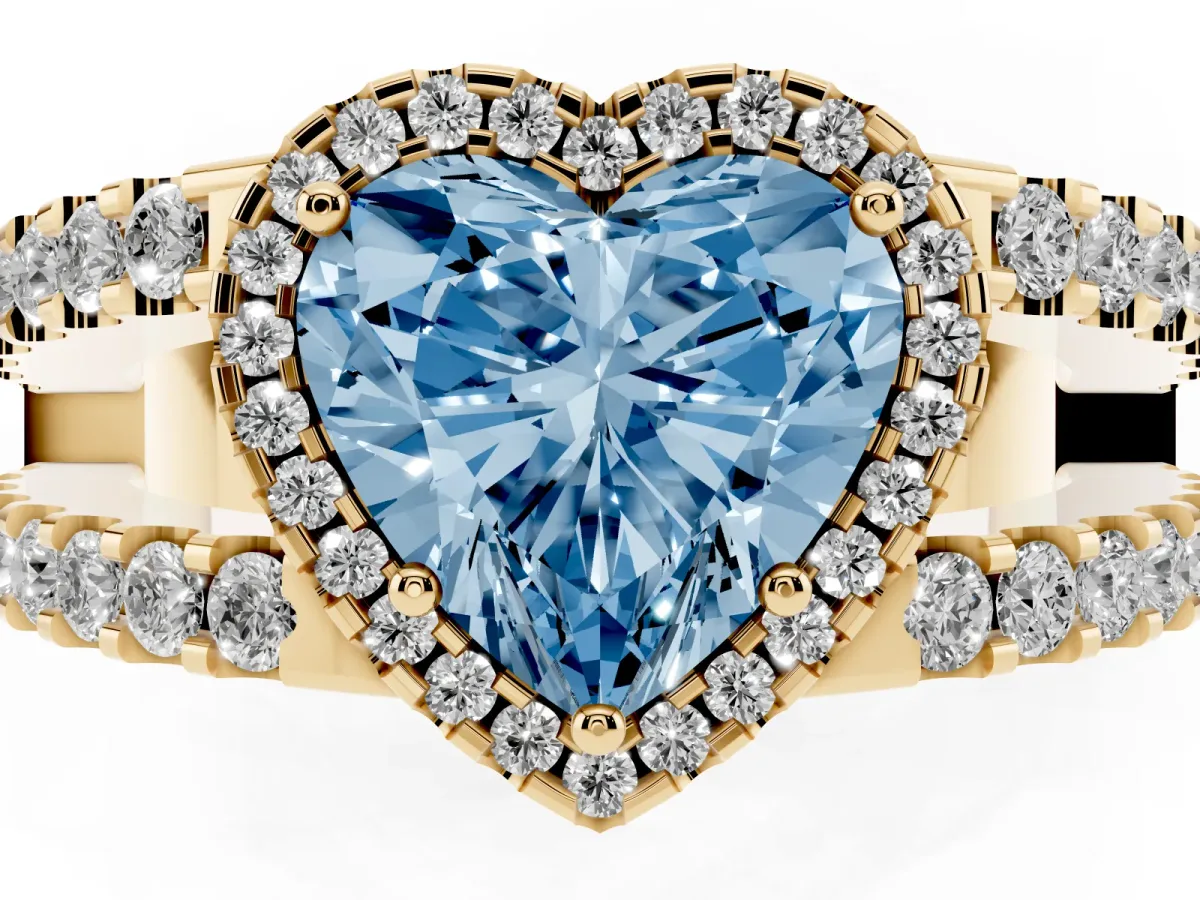 Fancy Blue Heart Cut Cut Halo Split Shank Diamond Ring with Four-Prong Setting Yellow gold