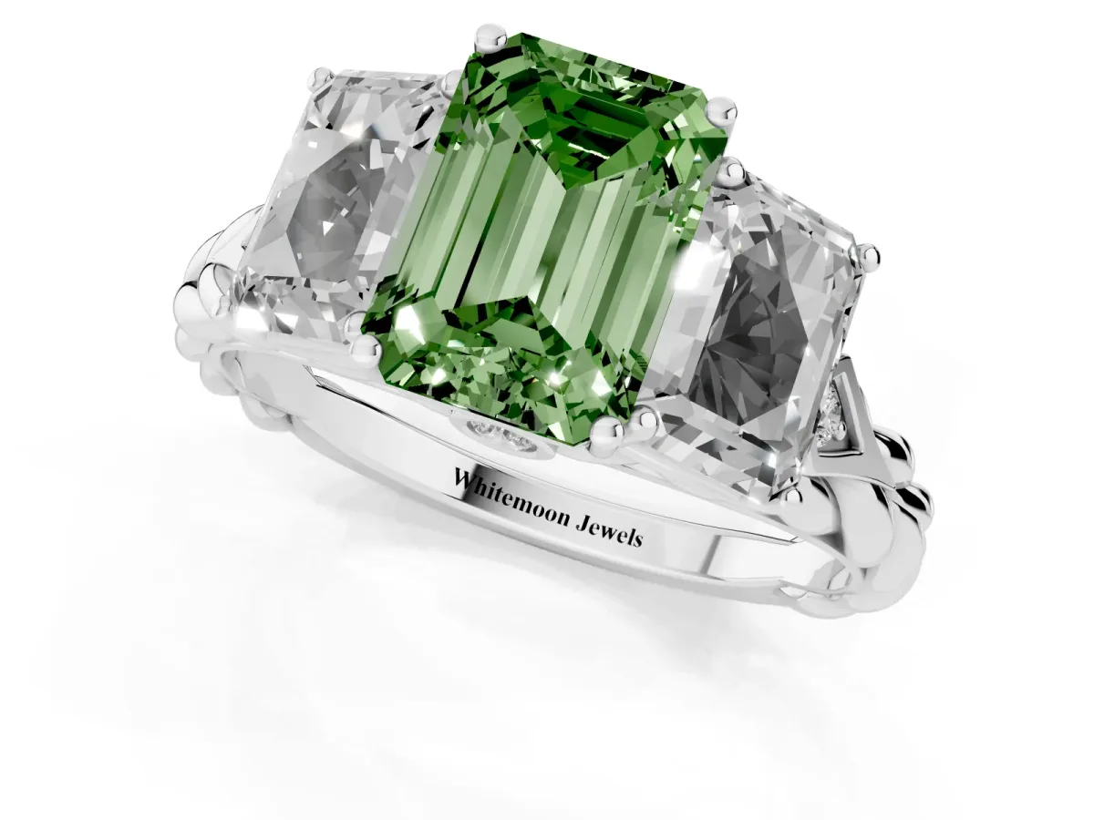 Fancy Green Three-Stone Radiant Cut Diamond Braided Band Ring with Four-Prong Setting Silver