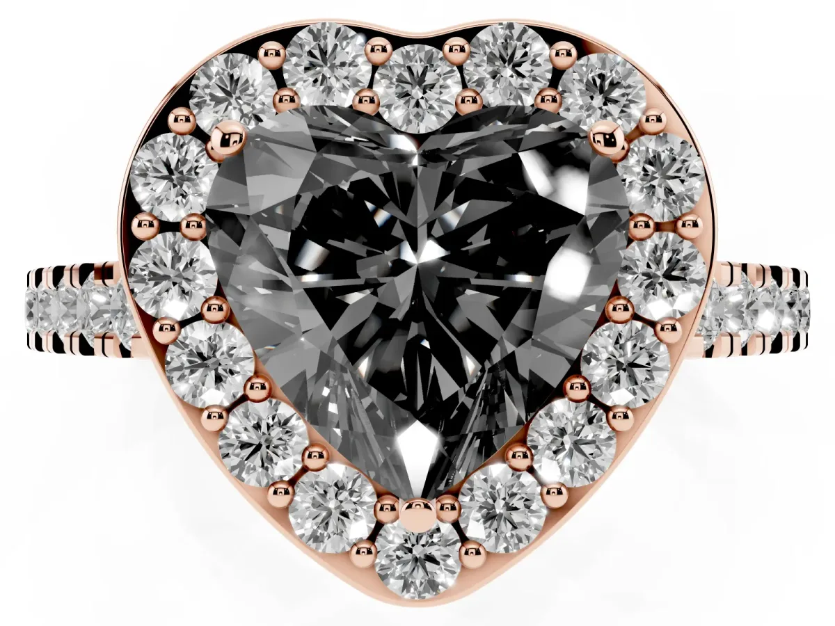 Fancy Black Heart Cut Diamond Halo Ring with Round Pavé Split Shank and Prong Setting Rose gold