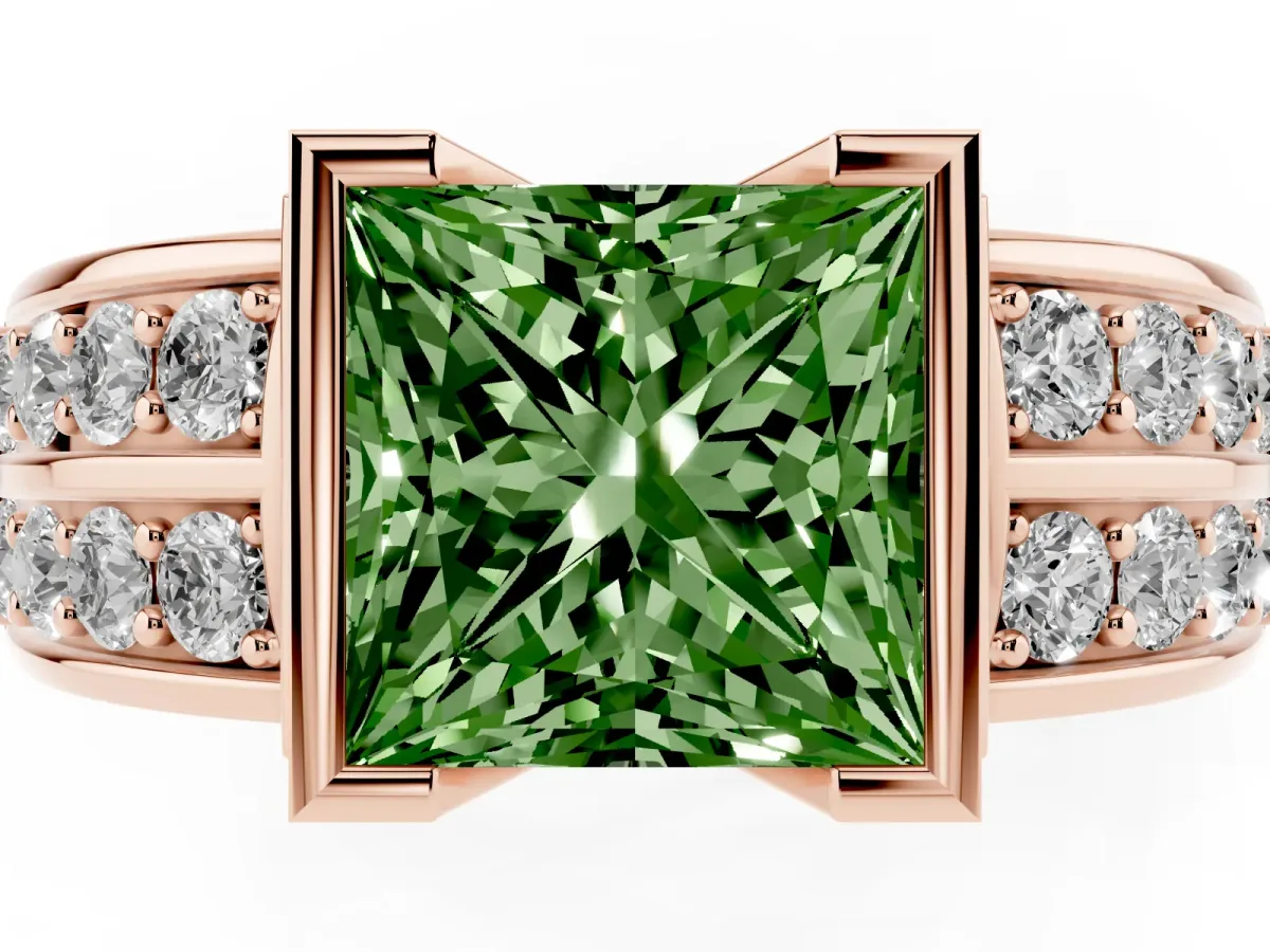 Fancy Green Princess Cut Brilliant Diamond Channel Set Wide Band Ring with Bezel Setting Rose gold