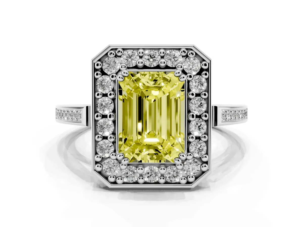 Fancy Yellow Emerald Cut Diamond Halo Ring with Split Shank and Four-Prong Setting Silver
