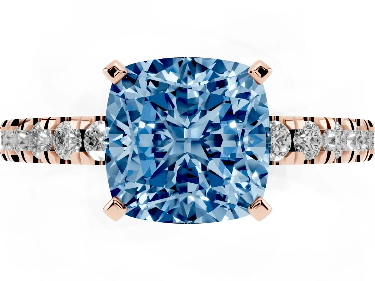 Fancy Blue Cushion Cut Solitaire Diamond with Pavé Band and Four-Prong Setting Rose gold