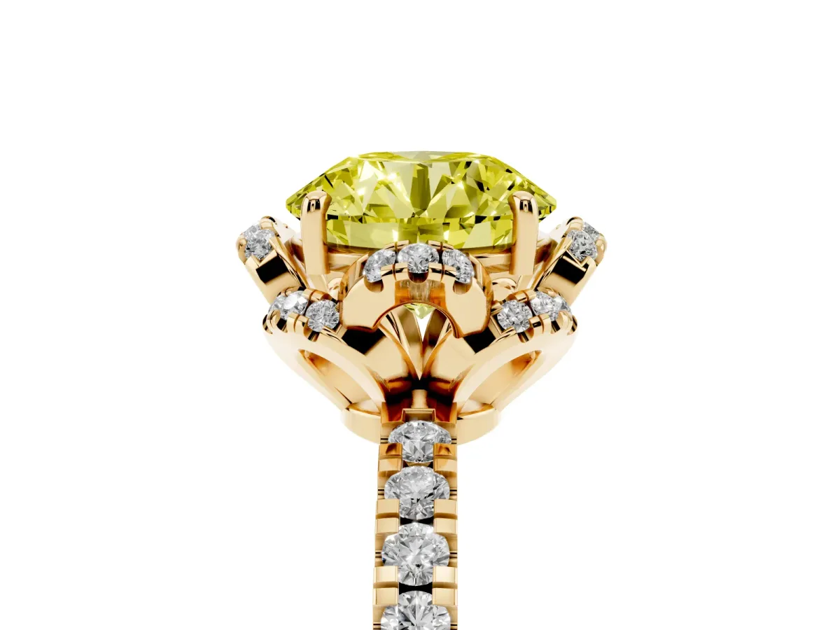 Fancy Yellow Round Cut Halo Diamond Pave Band Ring with Four-Prong Setting Yellow gold