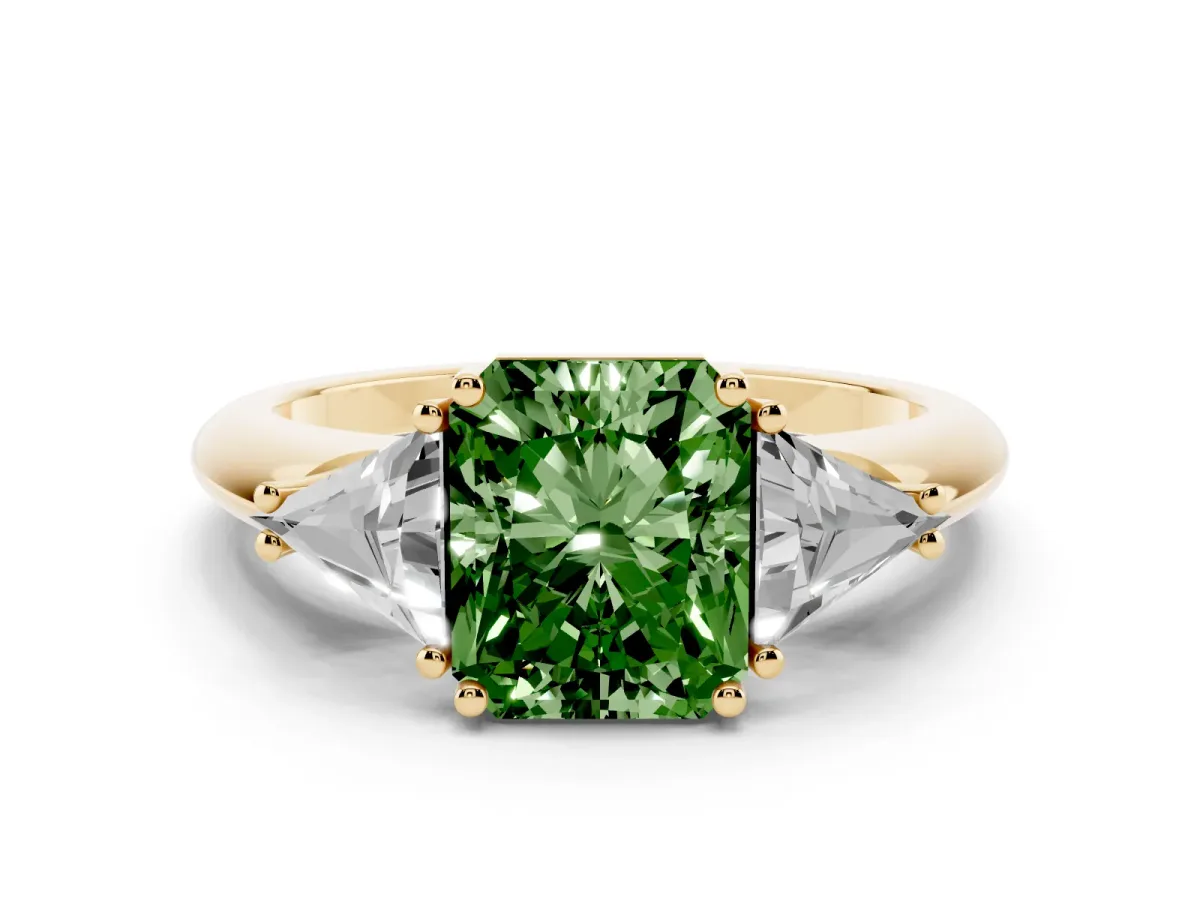 Fancy Green Three-Stone Radiant Cut Diamond Engagement Ring with Trillion Side Stones and Prong Setting Yellow gold