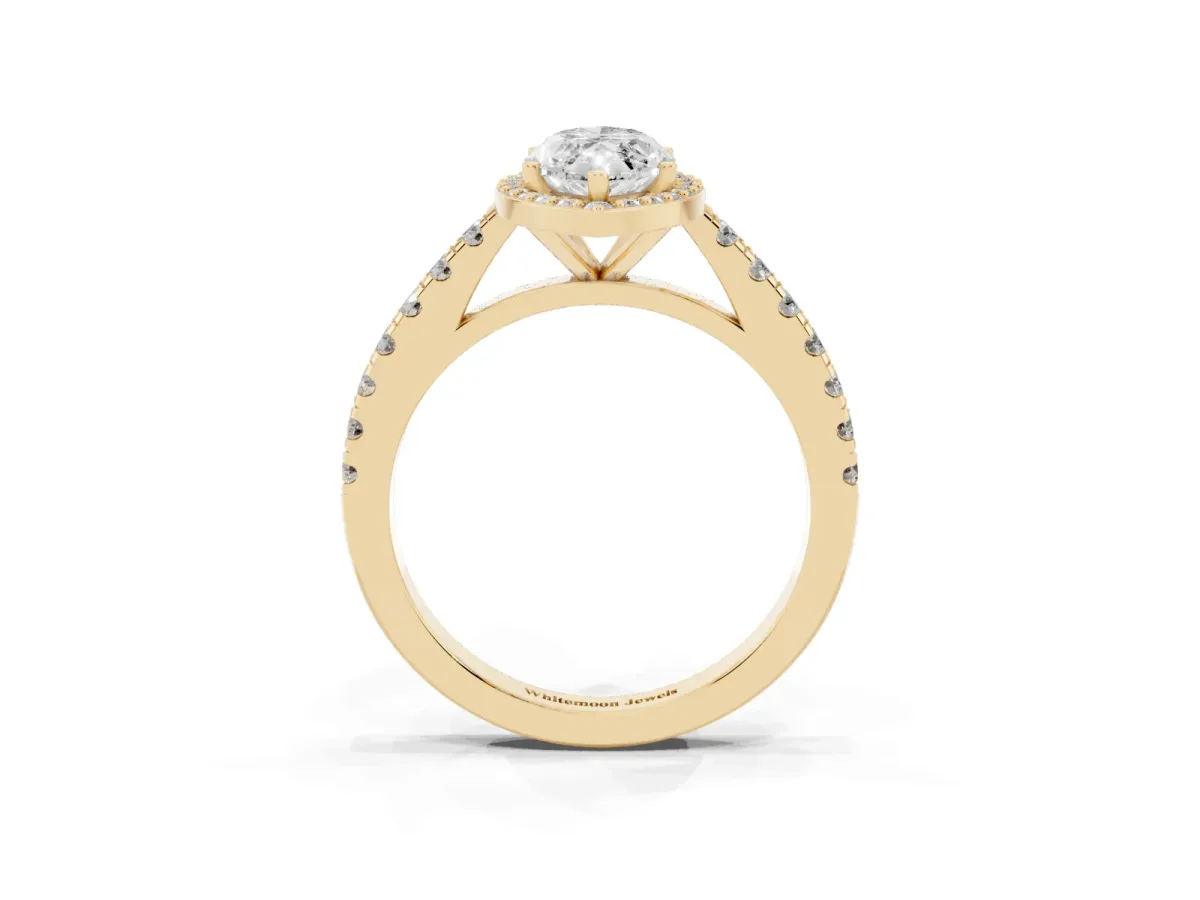 Marquise Cut Cut Halo Diamond Engagement Ring with Pave Band and Four-Prong Setting Yellow gold