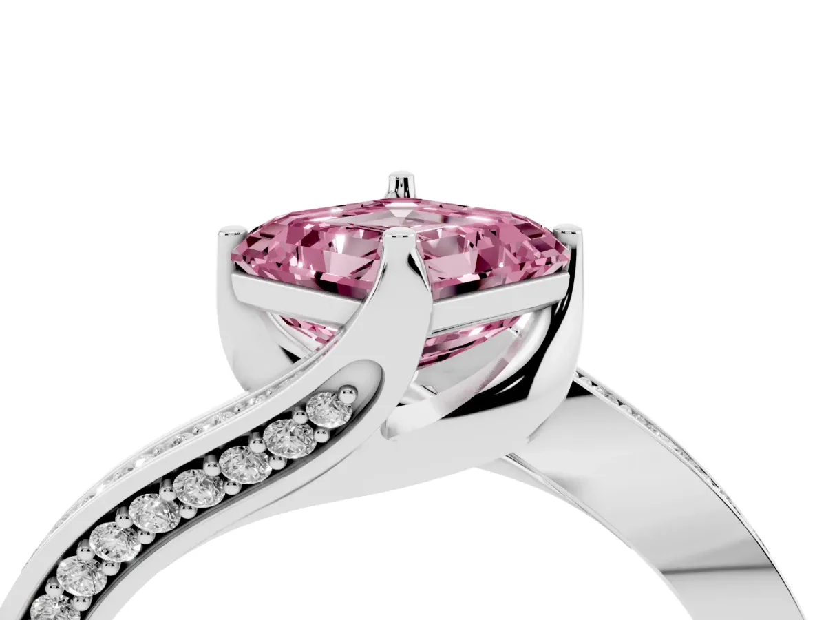 Fancy Pink Asscher Cut Solitaire Diamond Twist Band with Pavé Setting and Four-Prong Setting Platinum