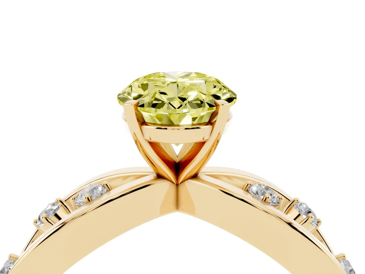 Fancy Yellow Oval Cut Cut Solitaire Diamond with Side Stones on Criss-Cross Band and Four-Prong Setting Yellow gold