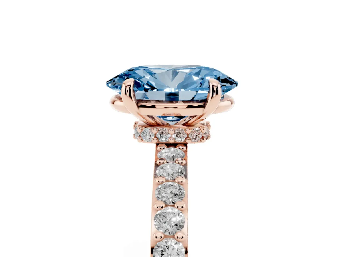 Fancy Blue Oval Cut Diamond Pavé Engagement Ring with Round Accents and Prong Setting Rose gold