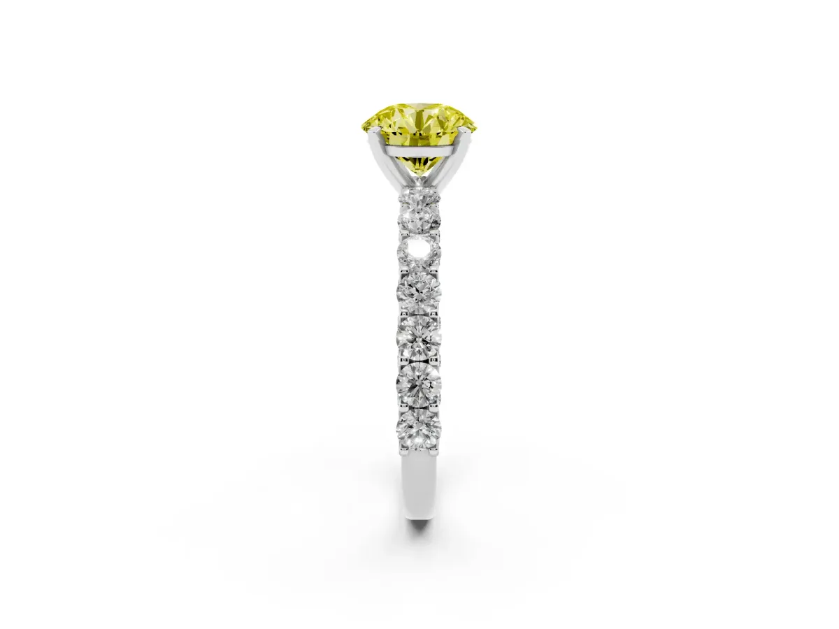 Fancy Yellow Round Cut Diamond Solitaire Ring with Shared Prong Pavé Band and Four-Prong Setting Silver
