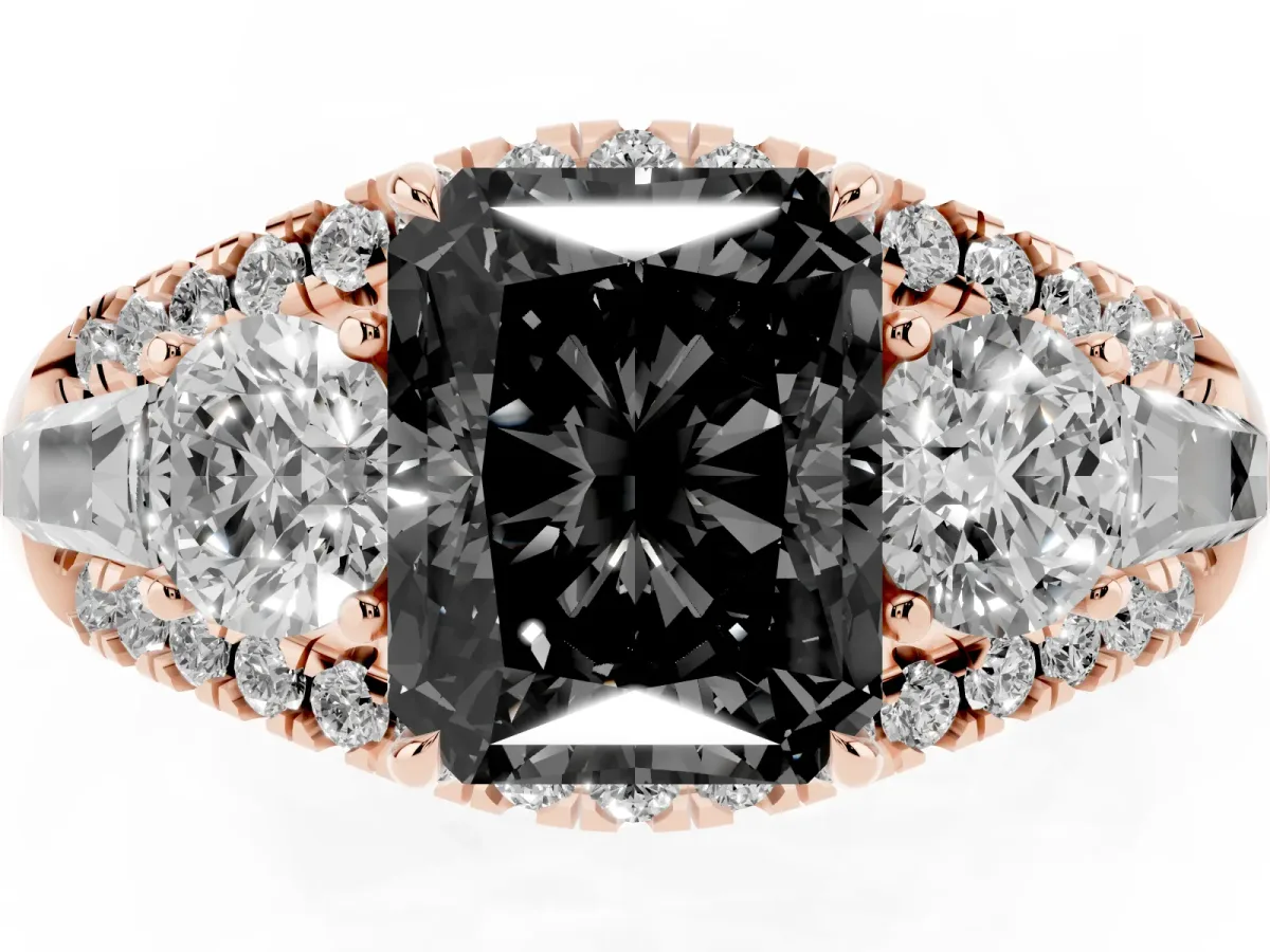 Fancy Black Three-Stone Radiant Cut Diamond Engagement Ring with Pave Band and Prong Setting Rose gold