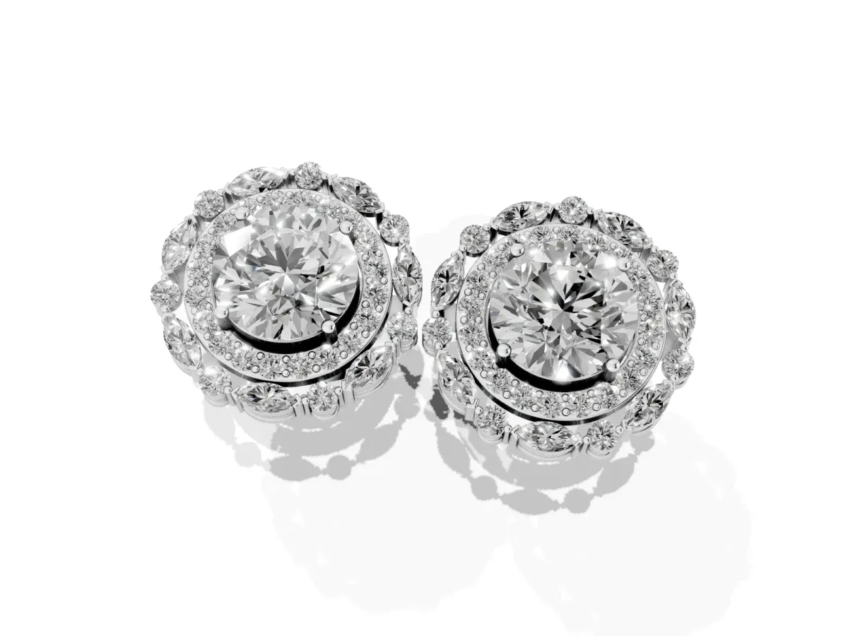 Round Diamond Double Halo Stud Earrings with Prong Setting Platinum