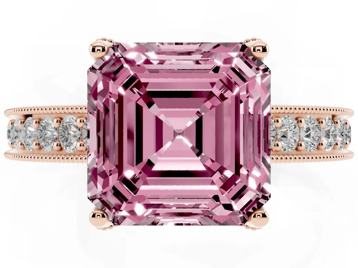 Fancy Pink Asscher Cut Cut Diamond Solitaire Ring with Milgrain Pave Band and Four Prong Setting Rose gold