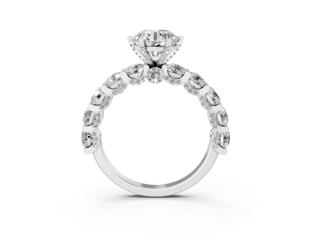 Round Cut Diamond Side Stone Engagement Ring with Four-Prong Setting Silver